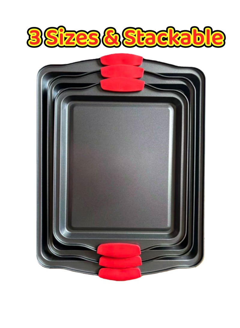 مجموعة صواني خبز غير لاصقة مكونة من 3 قطع (كبير، متوسط، صغير)، صواني فرن من الفولاذ الكربوني بمقابض سيليكون، غير سامة، مقاومة للتشوه والصدأ، سهلة التنظيف، آمنة للاستخدام في الفرن، مناسبة للكعك والبراونيز والبيتزا، آمنة للغسل في غسالة الصحون للخبز في المطبخ - Image 3